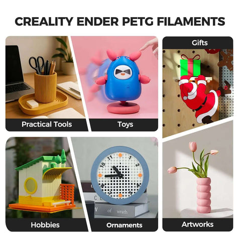 Collage of various objects made with Premium PETG 3D Printer Filament 1.75mm 2kg For Ender Series, including toys and gifts.