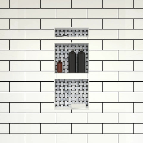 Triple Niche Recessed Shower Shelf Black With Three Inner Shelves 16 Inch Wide 34 Inch High 4 Inch Deep Tile Ready Install Horizontally Or Vertically Shower Storage Game Changer in tiled wall