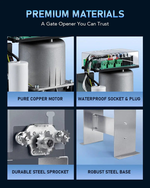 Automatic Sliding Gate Opener Kit For Gates Up To 1800 Lb With 2 Remote Controls components like pure copper motor and steel sprocket