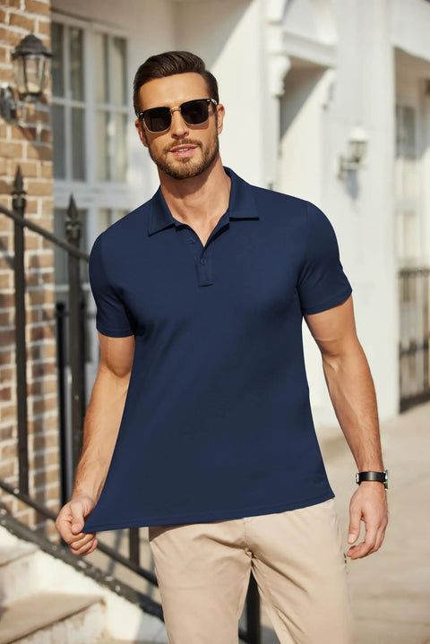 Men's Golf Polo Shirt Quick Dry Cotton Short Sleeve Breathable Anti Sweat Wrinkle Resistant Tactical Collared Polo For Summer Athletic Comfort Navy