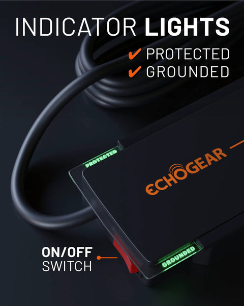 Close-up of Eight Outlet Surge Protector Power Strip With Slim Profile And 3420 Joules Of Protection, showing indicator lights.