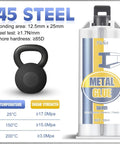 Metal Glue epoxy adhesive tube, 50 ml, by Fuchoi; front view with 1 black kettlebell graphic.