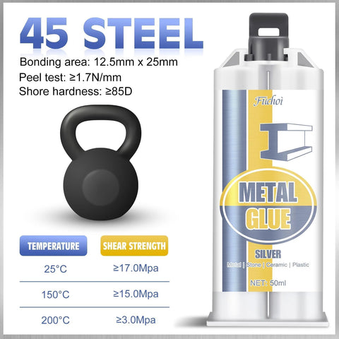 Metal Glue epoxy adhesive tube, 50 ml, by Fuchoi; front view with 1 black kettlebell graphic.