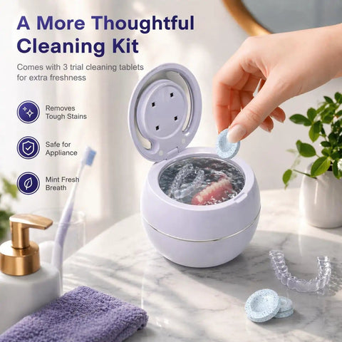 Person using Ultrasonic Retainer Cleaner Machine With 3 Retainer Cleaning Tablets, 45kHz Dental Pod for dentures on bathroom counter