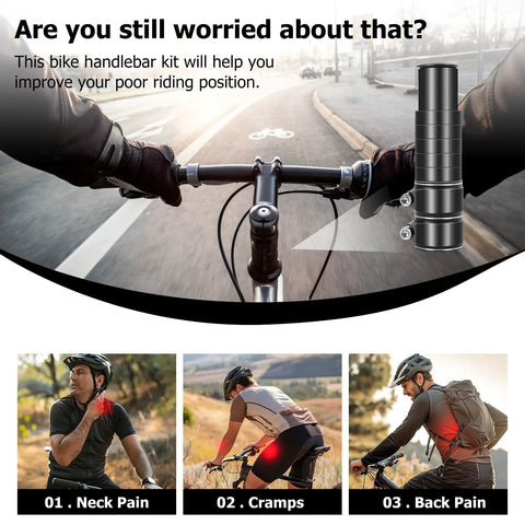 Cyclist using adjustable bike stem riser extender for better riding posture, addressing neck pain and cramps, with MTB and road bikes