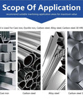 AYCHOLIZ chamfer end mill scope-of-application infographic; cast iron, carbon steel, alloy steel, carbon steel 30 HRC