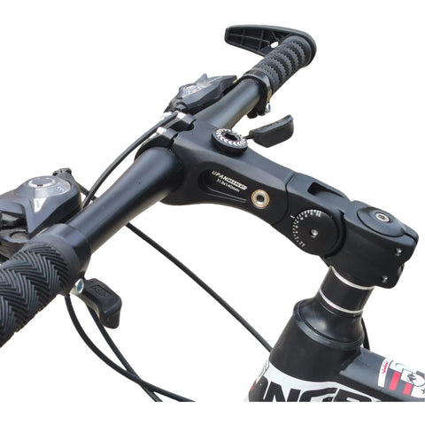 Close-up of Suspension Bike Stem 100mm Shock Absorbing Handlebar Stem on a bicycle, showing grip and adjustment details