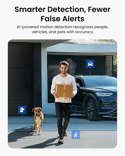 Top Shelf 2K Wireless Outdoor Security Camera Equipped With Badass Solar Power And Massive Battery Reserve Plus 10 Second Pre Recording For Legit Motion Triggers And Slick Night Vision Clarity, man walking with package and dog.
