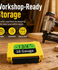Heavy Duty Hard Shell 18 Gauge Brad Nail Strip Keeper Case on a workbench, showing 1 3/4" size, organized and portable.