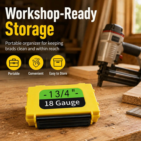 Heavy Duty Hard Shell 18 Gauge Brad Nail Strip Keeper Case on a workbench, showing 1 3/4" size, organized and portable.