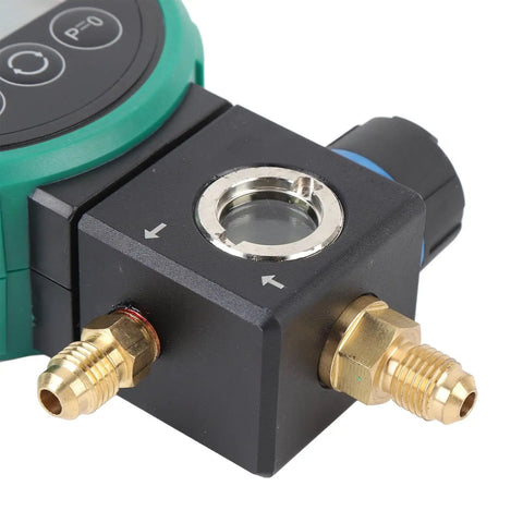 Professional HVAC Pressure Gauge Set With Digital Meter For Car AC Cooling System Charging And Quick Leak Detection, close-up of detailed valve components.