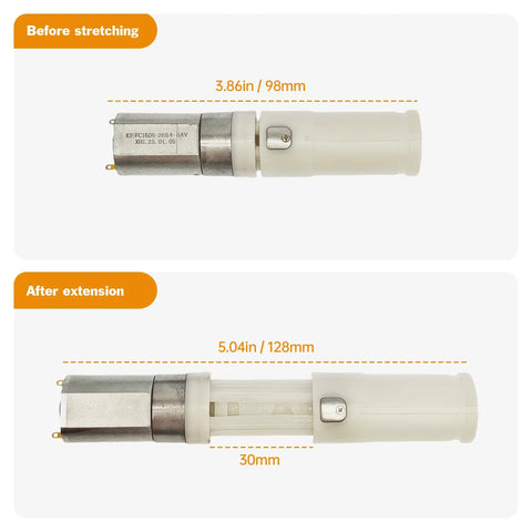 Legit Strong 5V 30mm Stroke Mini Reciprocating Linear Actuator shown in retracted and extended positions with measurements.