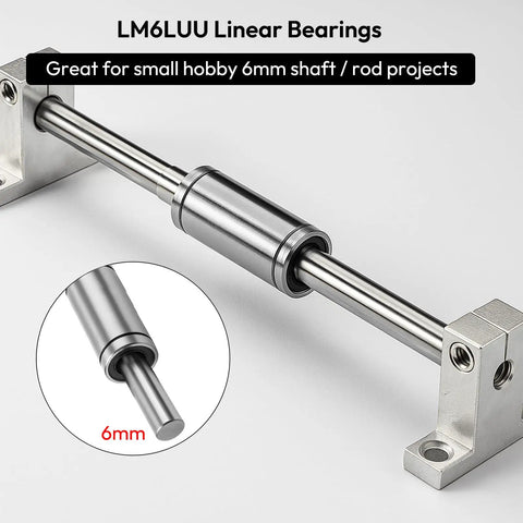 Rig Ready 4 Pack LM6LUU Linear Ball Bearings With 6mm Bore Nickel Finished Long guide sleeves on 6mm shaft.