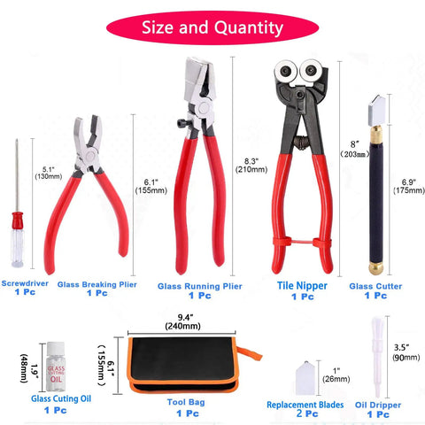 Must Have Complete Glass Cutting Tool Set Kit With 8 Inch Tile Nippers 8 Inch Running Pliers 6 Inch Breaking Pliers Glass Cutter Replacement Blades Oil Dropper Cross Screwdriver Leather Zipper Bag For Stained Glass Tiles Mosaic Mirrors Bottles and accessories displayed