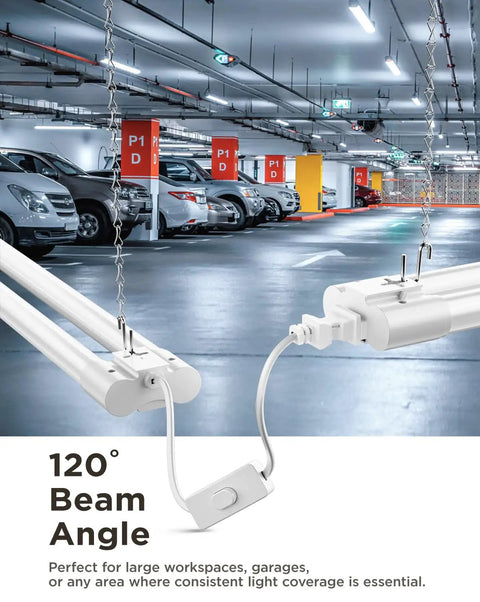 10 Pack LED Shop Lights For Workshop 4Ft Linkable Garage Lighting 4500 Lumens 5000K installed in a garage with cars