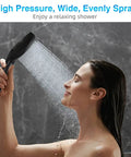 Woman using High Pressure 5 Function Handheld Shower Head With 70 Inch Stainless Steel Hose Matte Black Finish