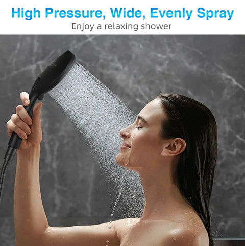 Woman using High Pressure 5 Function Handheld Shower Head With 70 Inch Stainless Steel Hose Matte Black Finish