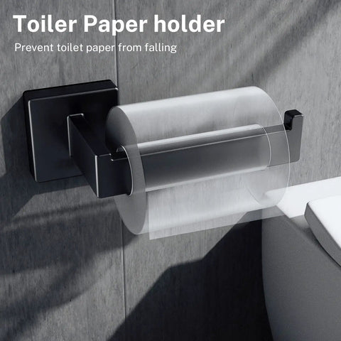 Matte Black Bathroom Accessories Set Five Piece Wall Mounted Hardware Kit with a stainless steel toilet paper holder