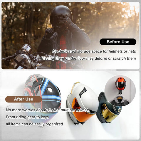Heavy Duty Bike Helmet Wall Mount With Two Key Hooks Solid Wood Base And Steel Frame Rugged Gear Hanger comparison before and after