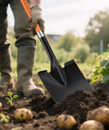 Heavy Duty Spade Shovel For Digging 56 Inch Garden Shovel with round blade breaking soil in a vegetable garden
