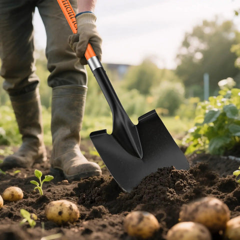 Heavy Duty Spade Shovel For Digging 56 Inch Garden Shovel with round blade breaking soil in a vegetable garden