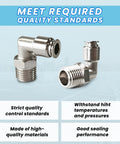 Front view: two 304 stainless steel pneumatic male elbow fittings, 1/4" NPT to 1/4" tube, push-to-connect.