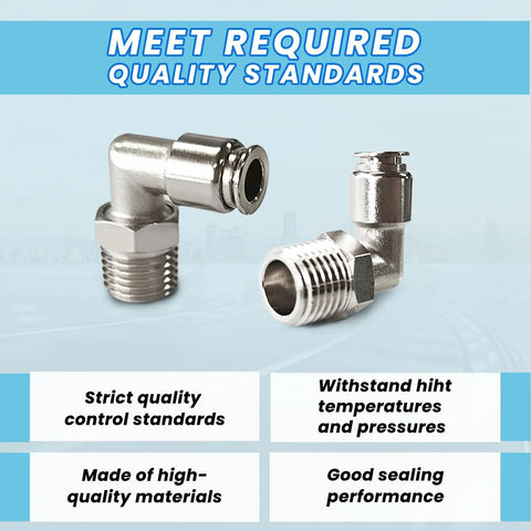 Front view: two 304 stainless steel pneumatic male elbow fittings, 1/4" NPT to 1/4" tube, push-to-connect.