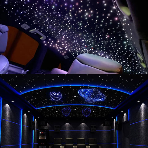 Starry ceiling effect in car and home with 20W Dual Head Fiber Optic Lights Kit With RGBW Twinkle Heads, 600 strands, remote controlled.