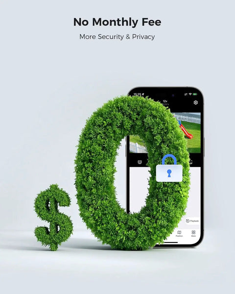 Solar Powered Wireless Outdoor Security Camera System Kit With Four Cameras, No Monthly Fee concept with phone and greenery