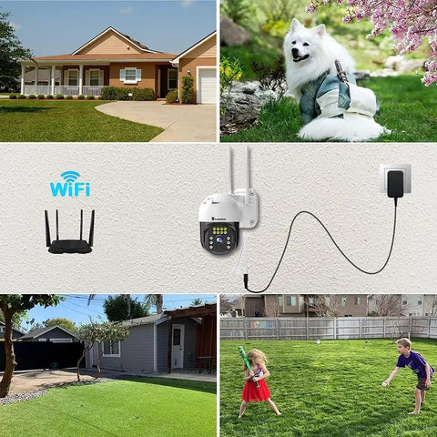 5MP PTZ Outdoor Security Camera With Humanoid Detection Auto Tracking Top Notch Color Night Vision setup in a backyard.