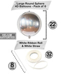 22 Inch Large Silver Disco Ball Foil Balloons Pack Of 6, Metallic Mylar Round Mirrors with ribbon and straw; 22 inch helium-supported
