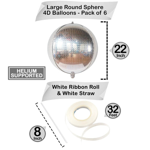 22 Inch Large Silver Disco Ball Foil Balloons Pack Of 6, Metallic Mylar Round Mirrors with ribbon and straw; 22 inch helium-supported