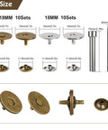 Sizes and components of the 20 Sets 18mm Magnetic Button Clasp Snaps Fastener Kit With Install Tool For Sewing DIY Crafts Purses Bags Clothes