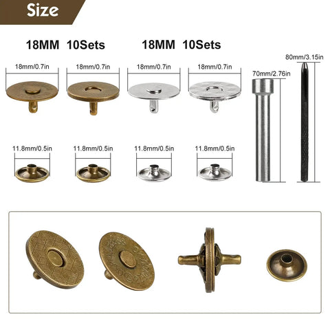 Sizes and components of the 20 Sets 18mm Magnetic Button Clasp Snaps Fastener Kit With Install Tool For Sewing DIY Crafts Purses Bags Clothes