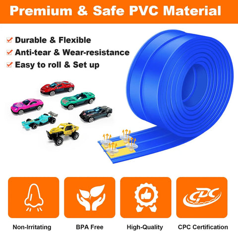 15 Foot Flexible Double Lane Race Track For 1 64th Diecast Cars, Rolls Up Portable Racetrack With 10 Suction Cups, Blue Color