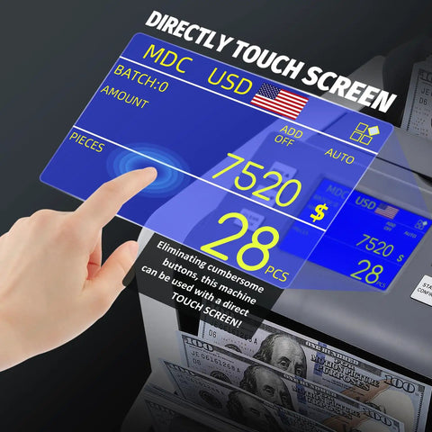 Fast Cash Counter For Mixed Denominations With Value Counting Touch Screen displaying 7520 USD