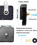 Two Pack No Tick Wall Clock Movements Kit With Five Short Hands, Battery Powered Quartz Mechanisms For DIY Repair And Custom Clock Projects, High Torque Drive, Dial Thickness Five Thirty Second Inch Pro Grade Value, showing dimensions and accessories, including nuts and washers.