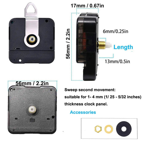 Two Pack No Tick Wall Clock Movements Kit With Five Short Hands, Battery Powered Quartz Mechanisms For DIY Repair And Custom Clock Projects, High Torque Drive, Dial Thickness Five Thirty Second Inch Pro Grade Value, showing dimensions and accessories, including nuts and washers.