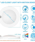 Diagram and specifications of 6 Inch 120 Volt LED Closet Light With PIR Motion Sensor Ceiling Disc Light 15W 1100 Lumens CRI Over 80 Daylight White 5000K Wet Location ETL 2 Pack For Closet Laundry Garage Pantry