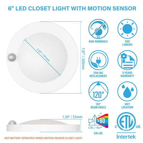 Diagram and specifications of 6 Inch 120 Volt LED Closet Light With PIR Motion Sensor Ceiling Disc Light 15W 1100 Lumens CRI Over 80 Daylight White 5000K Wet Location ETL 2 Pack For Closet Laundry Garage Pantry