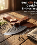 Two Pack Hand Forged Chef Knife And Cleaver Set For Home Cooking And Camping on wooden table with leather sheath, sharp blade visible