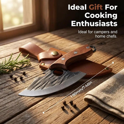 Two Pack Hand Forged Chef Knife And Cleaver Set For Home Cooking And Camping on wooden table with leather sheath, sharp blade visible