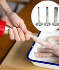 Person using Size 8 Stainless Steel Sausage Stuffer Tubes Set Three Tube Kit for Ground Beef Pork Turkey and Venison