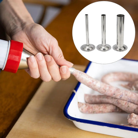 Person using Size 8 Stainless Steel Sausage Stuffer Tubes Set Three Tube Kit for Ground Beef Pork Turkey and Venison