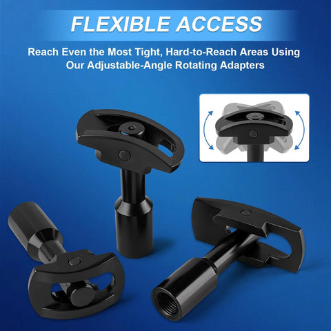Rear Axle Bearing Puller Tool Kit With Slide Hammer Set showing adjustable-angle rotating adapters for tight areas
