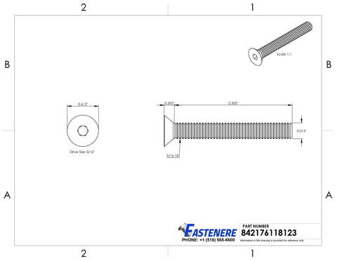 Technical diagram of 2-1/2 Inch 5/16-18 Flat Head Socket Cap Screws With Allen Drive 18-8 Stainless Steel, dimensions shown.