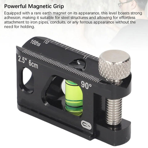 Pro Grade Magnetic Pipe Level Tool For Electrical Conduit Routing Black Die Cast Aluminum profile showing magnet grip and level bubble.