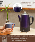 10 Cup Purple Percolator Coffee Pot Electric Stainless Steel With Keep Warm Function displayed on a kitchen counter