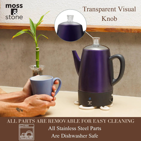 10 Cup Purple Percolator Coffee Pot Electric Stainless Steel With Keep Warm Function displayed on a kitchen counter