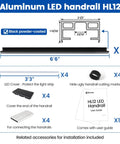 Diagram of Rock Solid Heavy Duty Black Aluminum LED Cable Railing Handrail Six Foot Six Inches with accessories and dimensions.